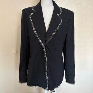 Escada Navy Blue Wool Blazer Jacket Frayed Edge Button Front Womens 42